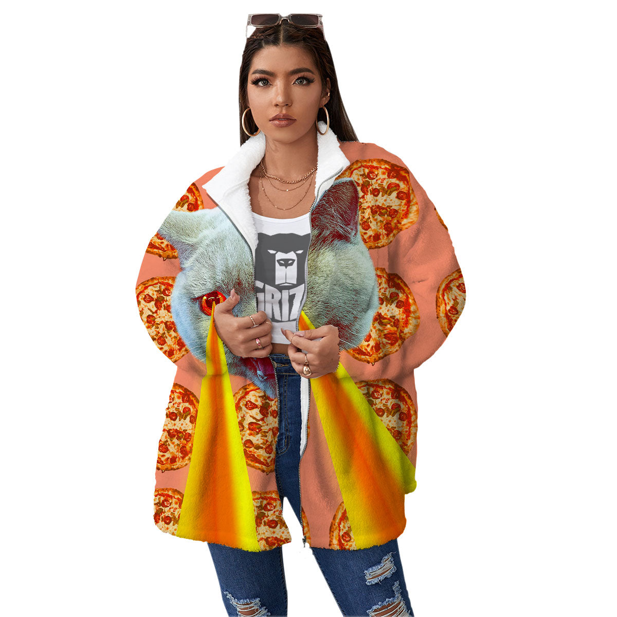 Pizza And Cat Print Women's Sherpa Jacket-grizzshop