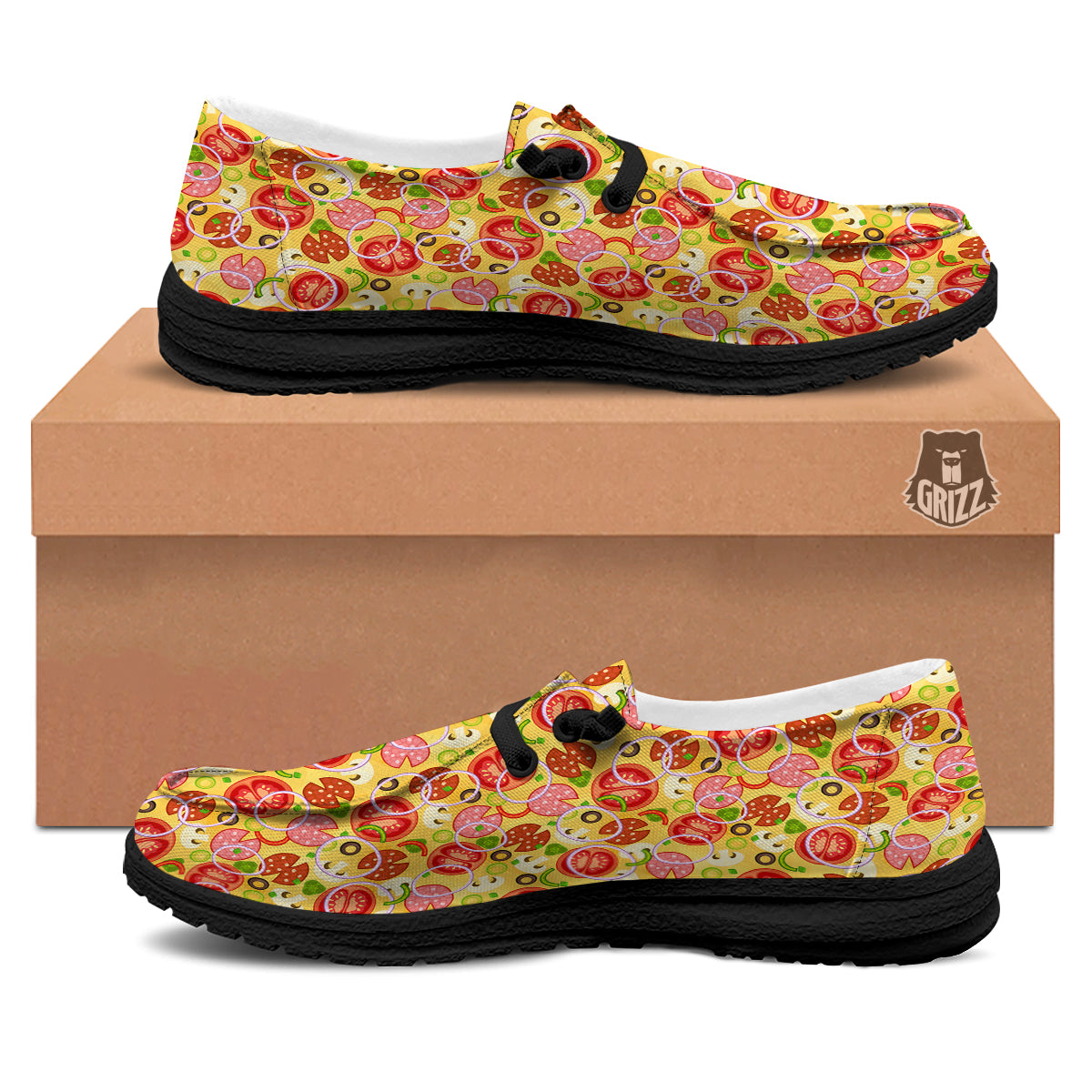Pizza And Different Ingredients Print Pattern Black Loafers-grizzshop