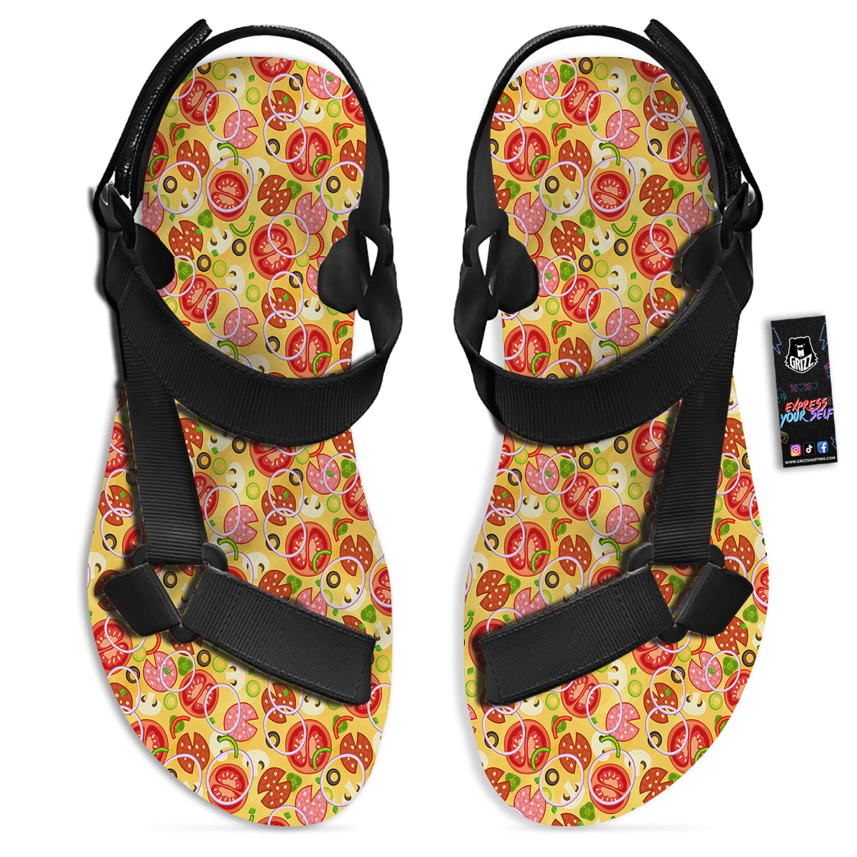 Pizza And Different Ingredients Print Pattern Black Open Toe Sandals-grizzshop