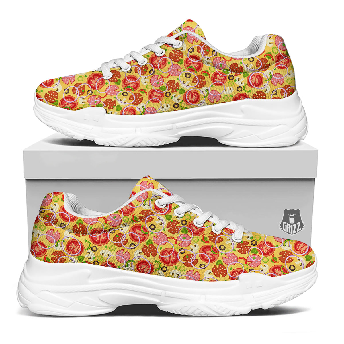 Pizza And Different Ingredients Print Pattern White Chunky Shoes-grizzshop