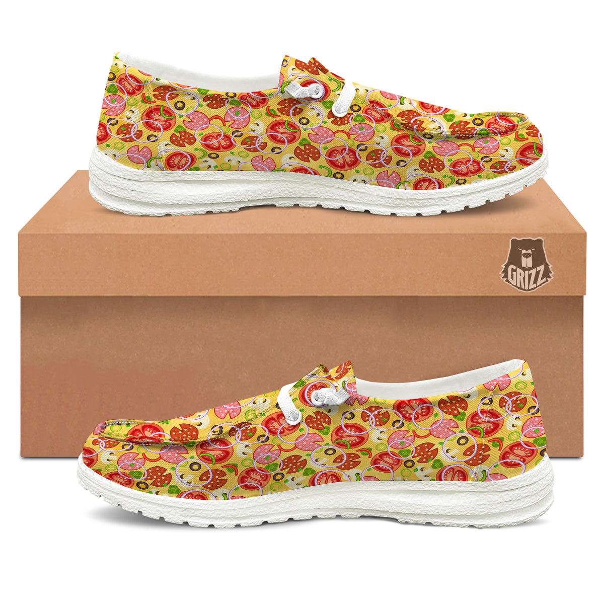 Pizza And Different Ingredients Print Pattern White Loafers-grizzshop