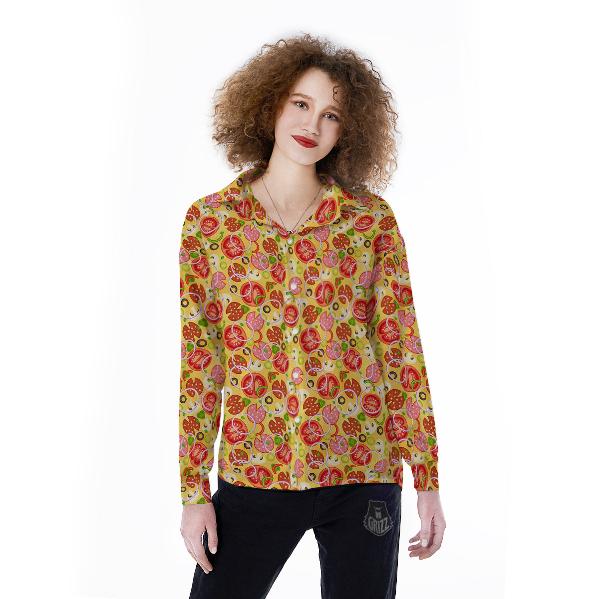 Pizza And Different Ingredients Print Pattern Women's Long Sleeve Shirts-grizzshop