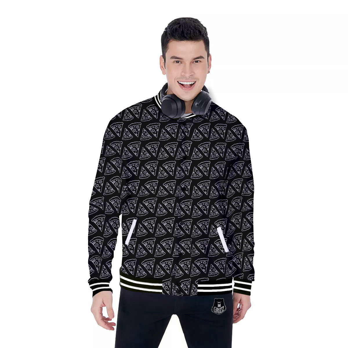 Pizza Black Print Pattern Baseball Jacket-grizzshop
