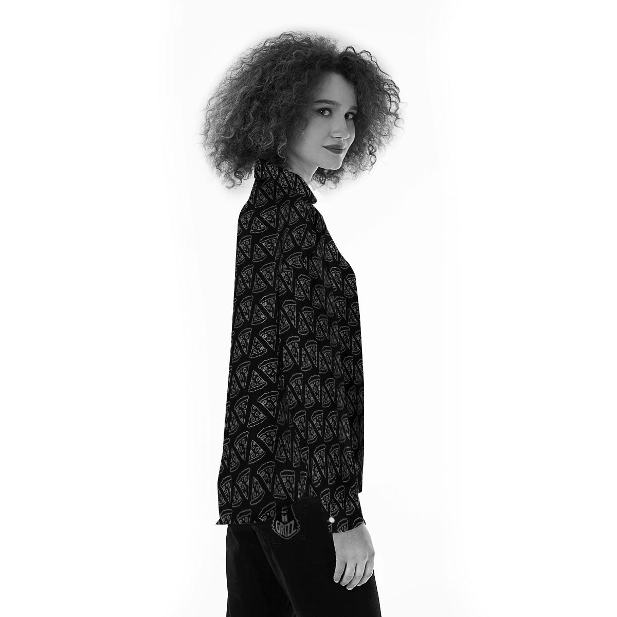 Pizza Black Print Pattern Women's Long Sleeve Shirts-grizzshop