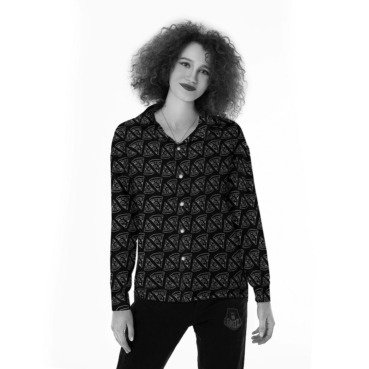 Pizza Black Print Pattern Women's Long Sleeve Shirts-grizzshop