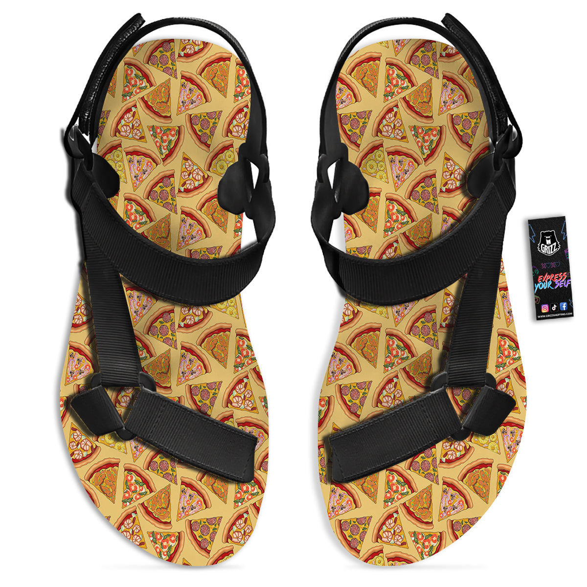 Pizza Fast Food Print Pattern Black Open Toe Sandals-grizzshop