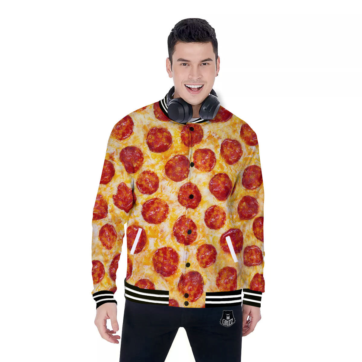 Pizza Pepperoni Print Baseball Jacket-grizzshop