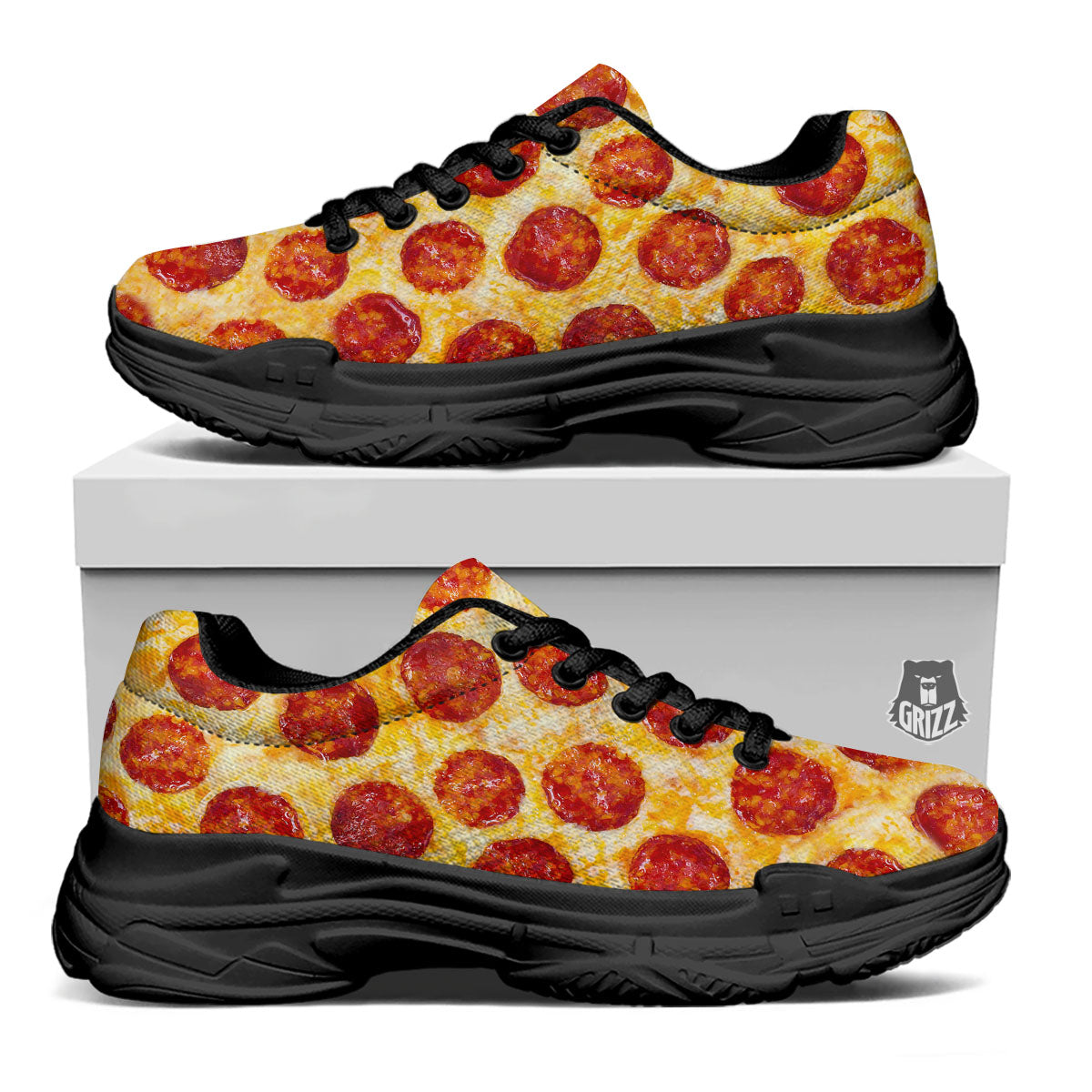 Pizza Pepperoni Print Black Chunky Shoes-grizzshop