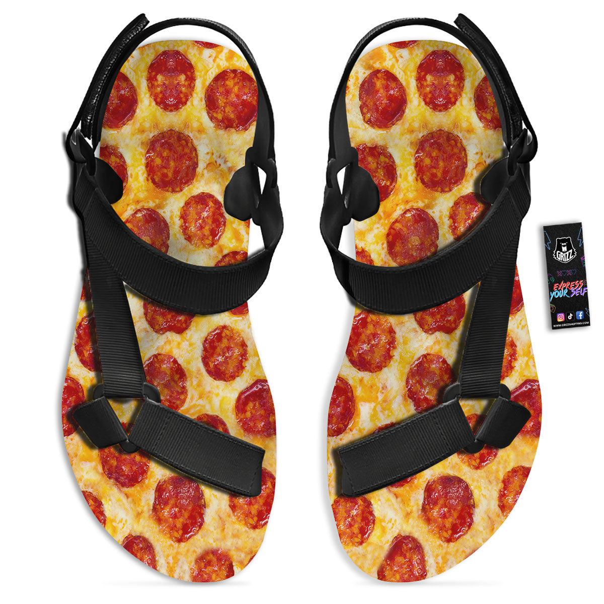 Pizza Pepperoni Print Black Open Toe Sandals-grizzshop