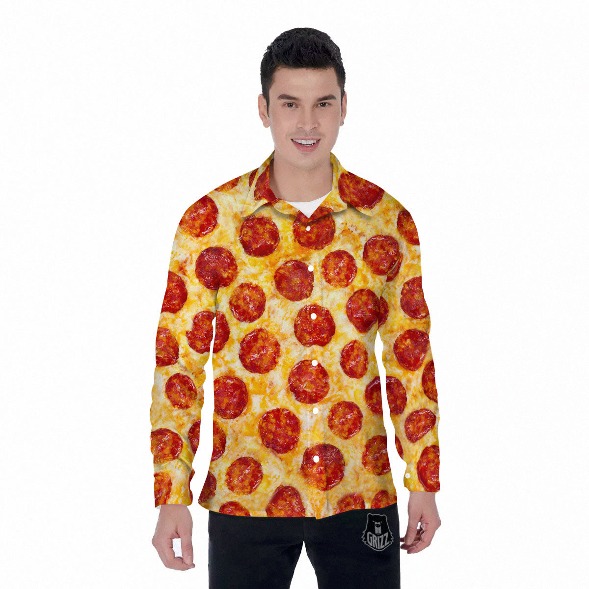 Pizza Pepperoni Print Men's Long Sleeve Shirts-grizzshop