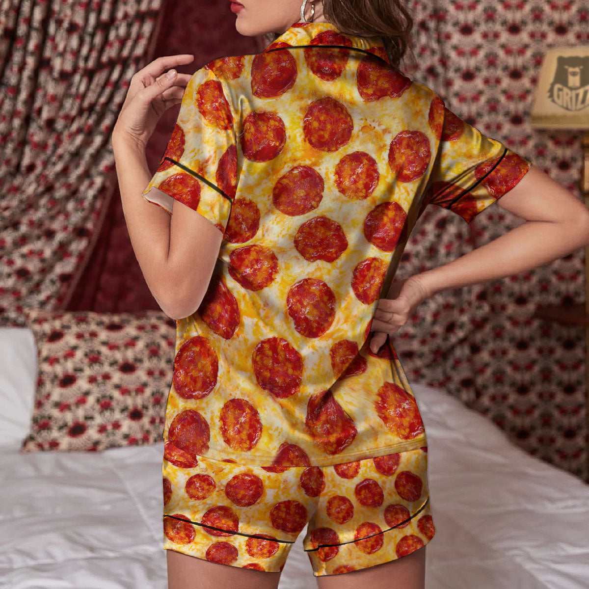 Pizza Pepperoni Print Women Silk Pajamas-grizzshop