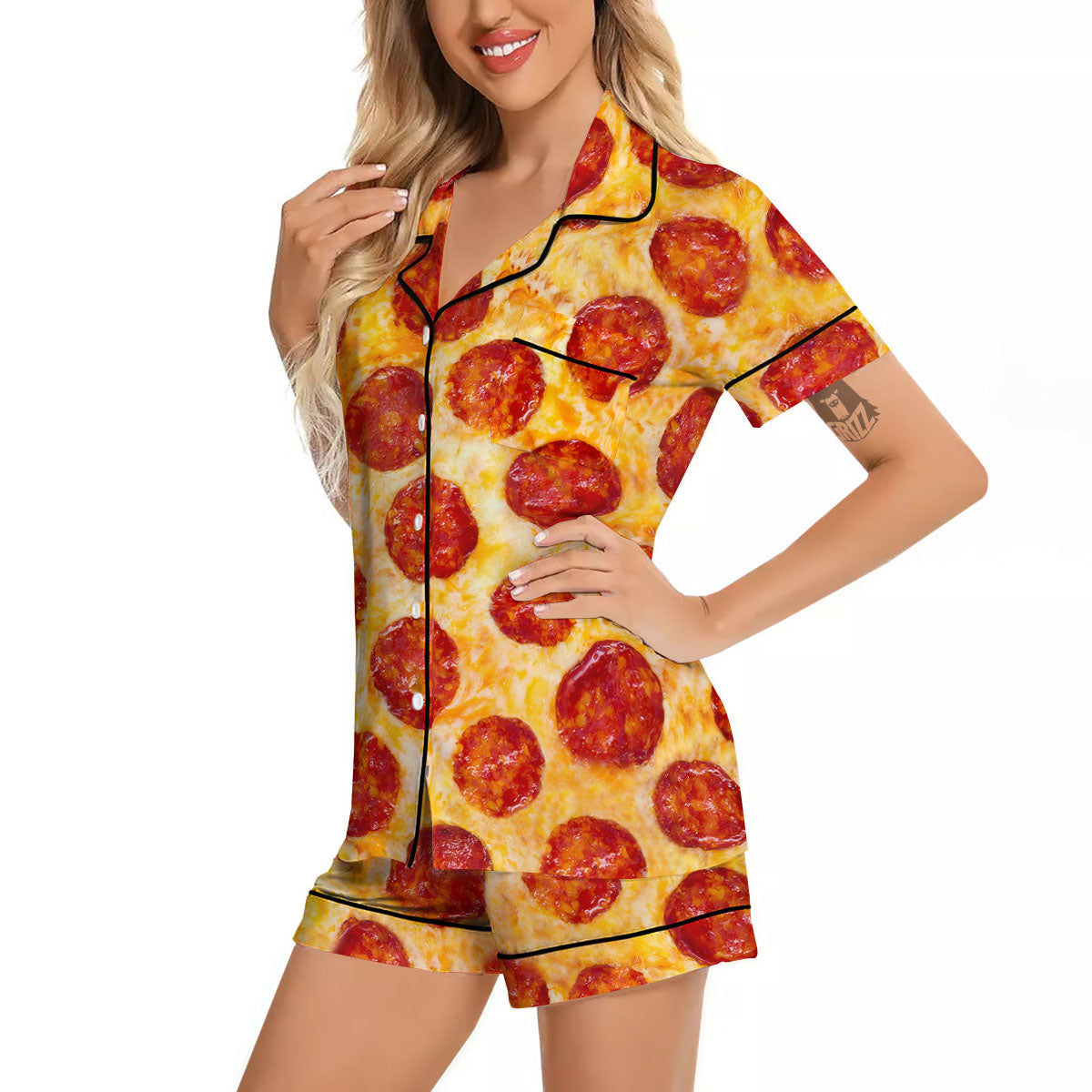 Pizza Pepperoni Print Women Silk Pajamas-grizzshop