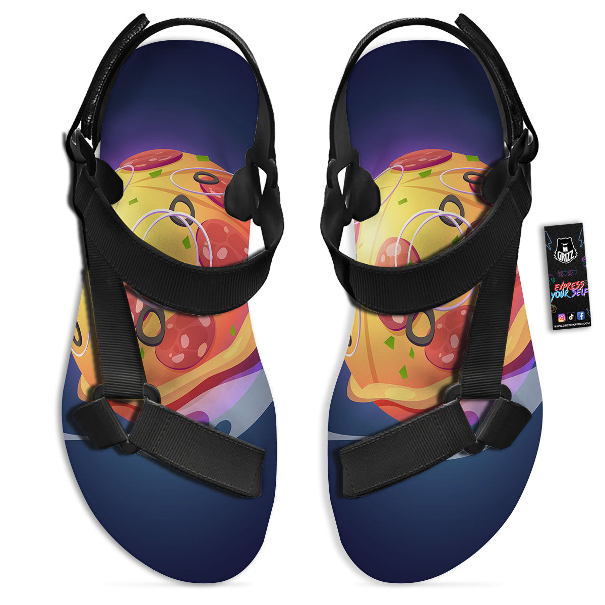 Pizza Planet Print Black Open Toe Sandals-grizzshop