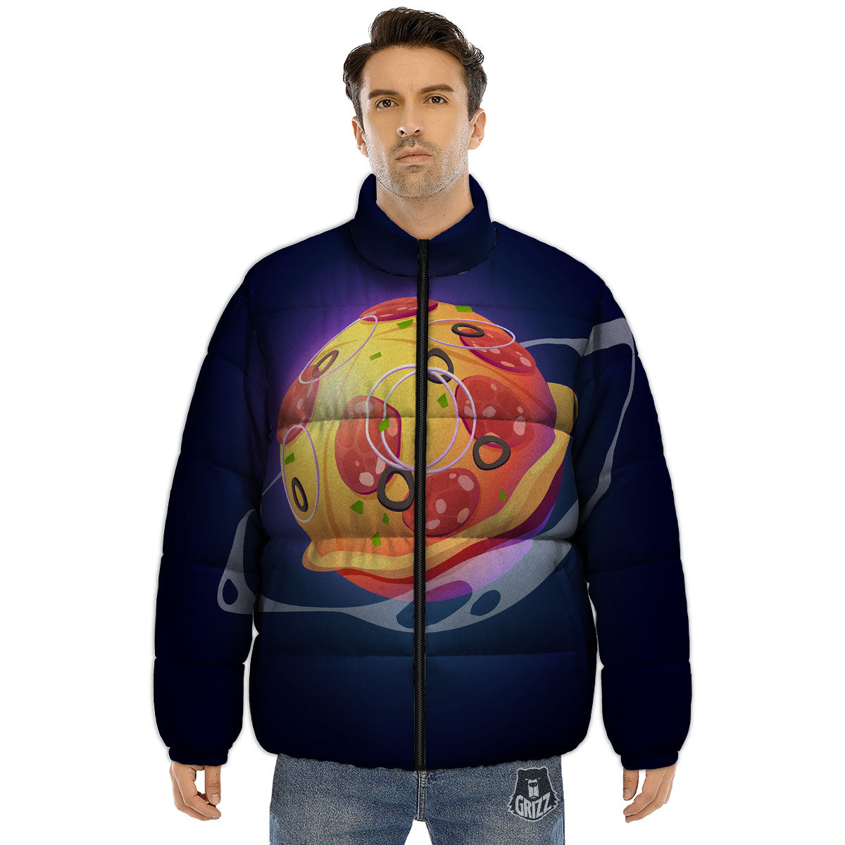 Pizza Planet Print Puffer Jacket-grizzshop