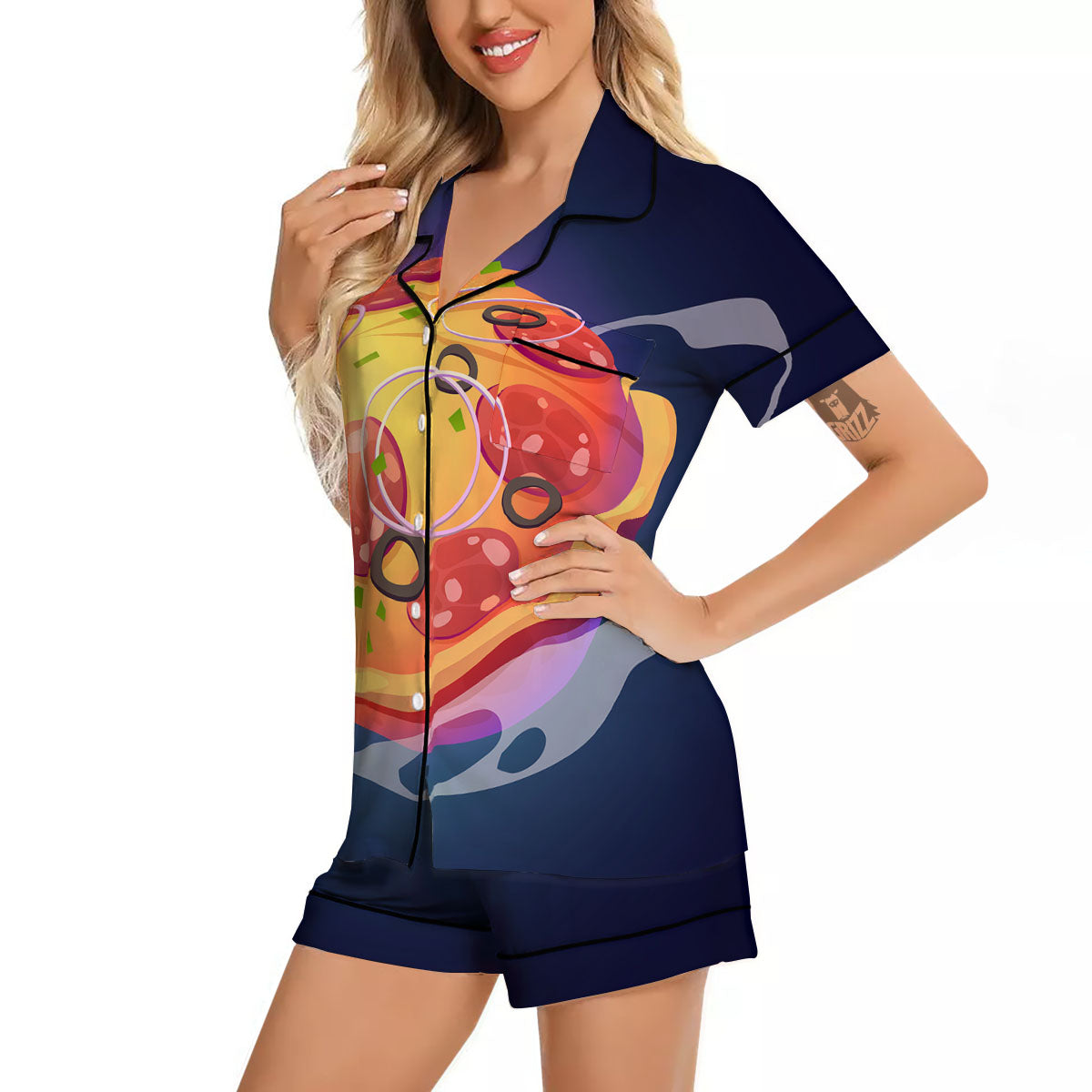Pizza Planet Print Women Silk Pajamas-grizzshop