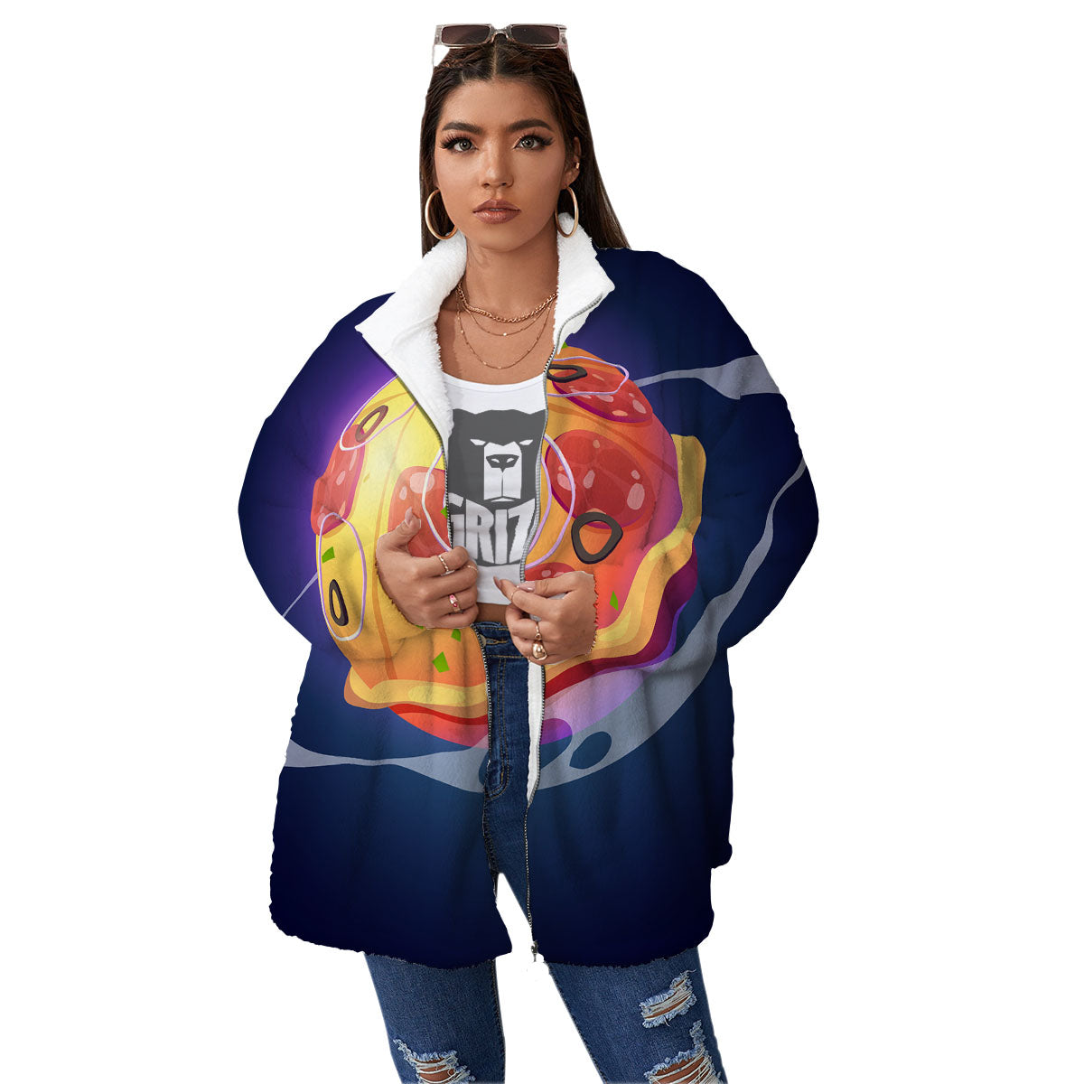 Pizza Planet Print Women's Sherpa Jacket-grizzshop