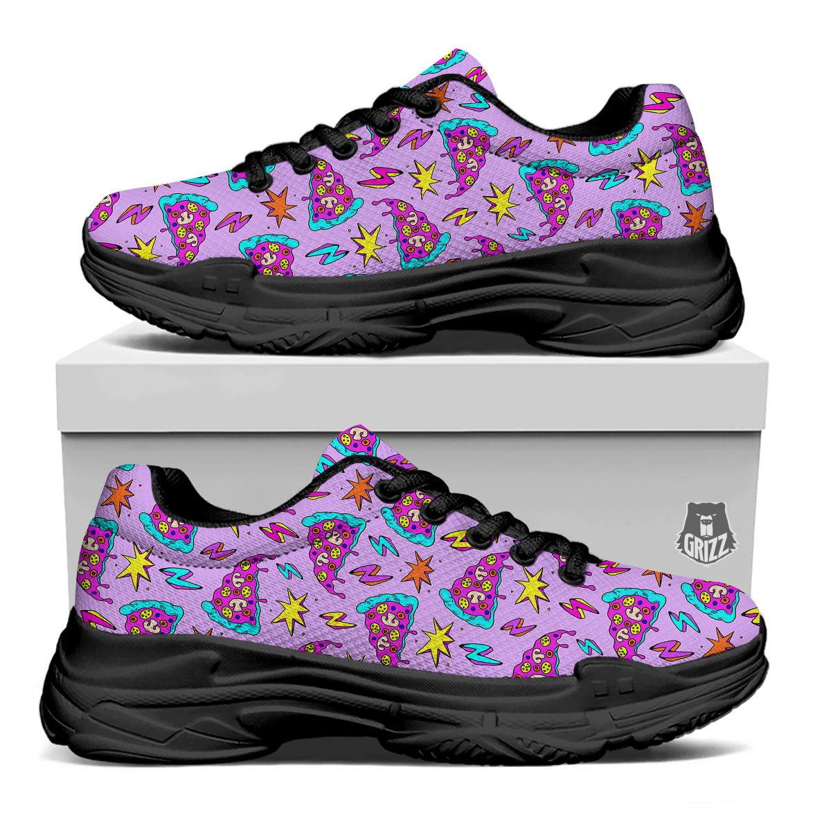 Pizza Psychedelic Print Pattern Black Chunky Shoes-grizzshop