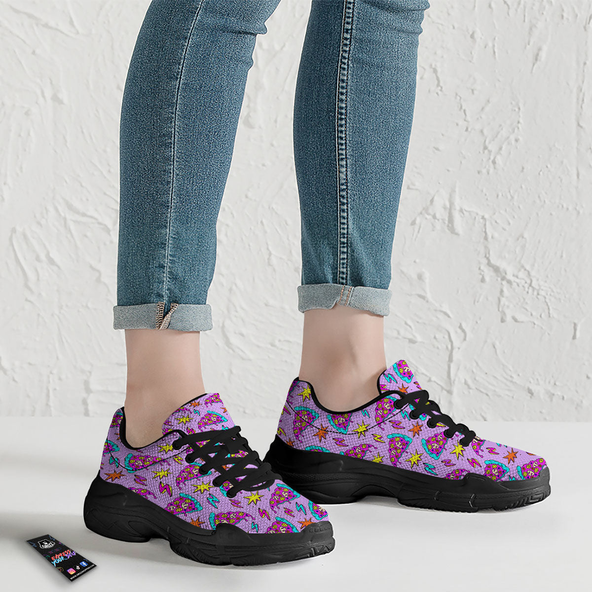 Pizza Psychedelic Print Pattern Black Chunky Shoes-grizzshop