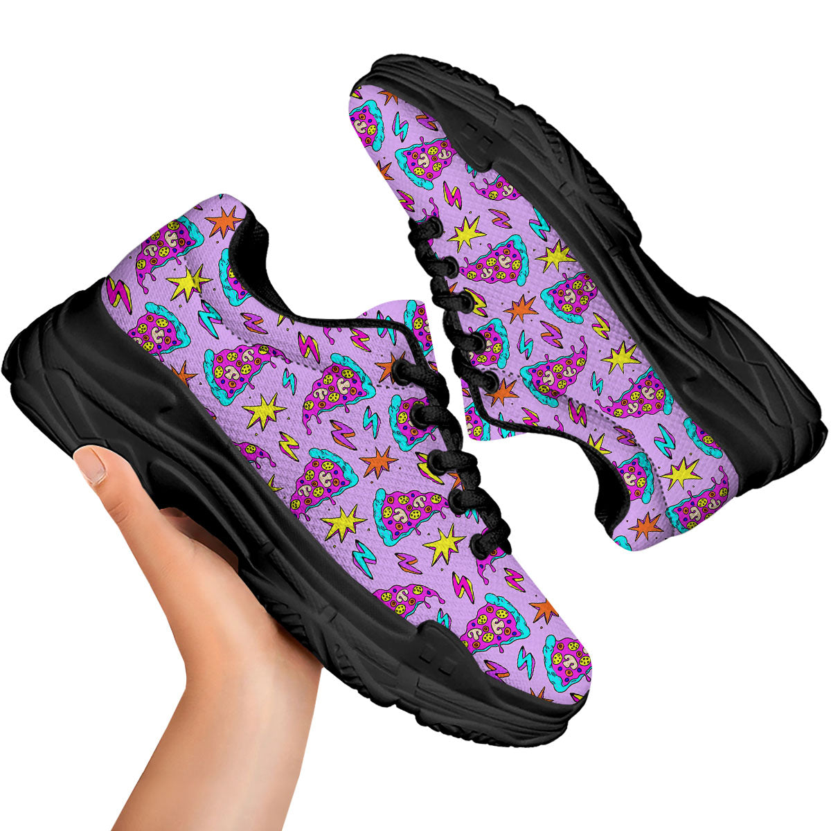 Pizza Psychedelic Print Pattern Black Chunky Shoes-grizzshop