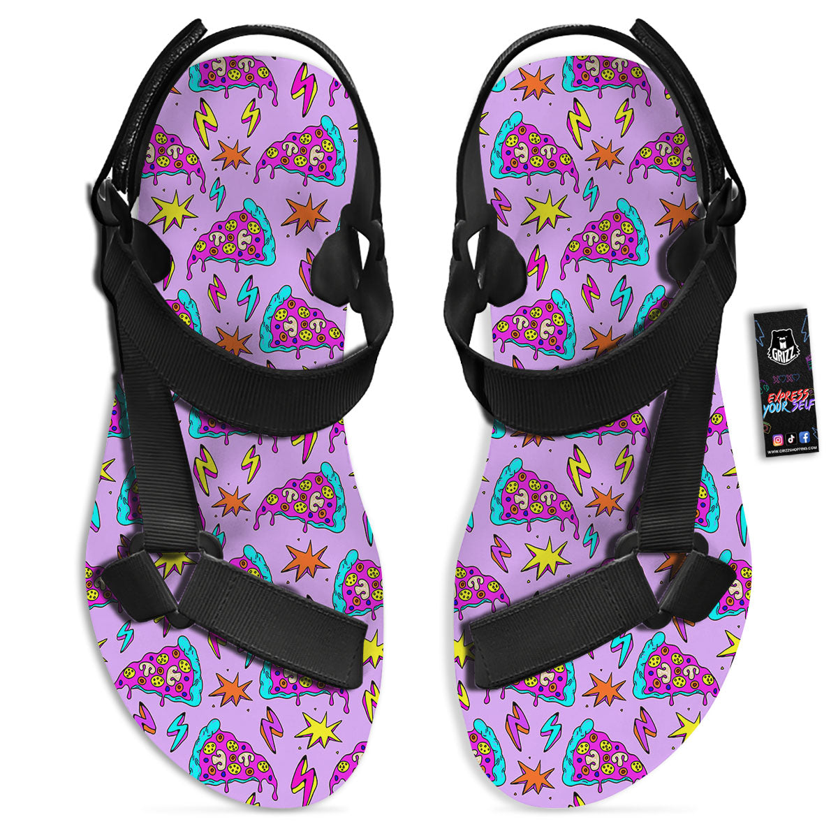 Pizza Psychedelic Print Pattern Black Open Toe Sandals-grizzshop