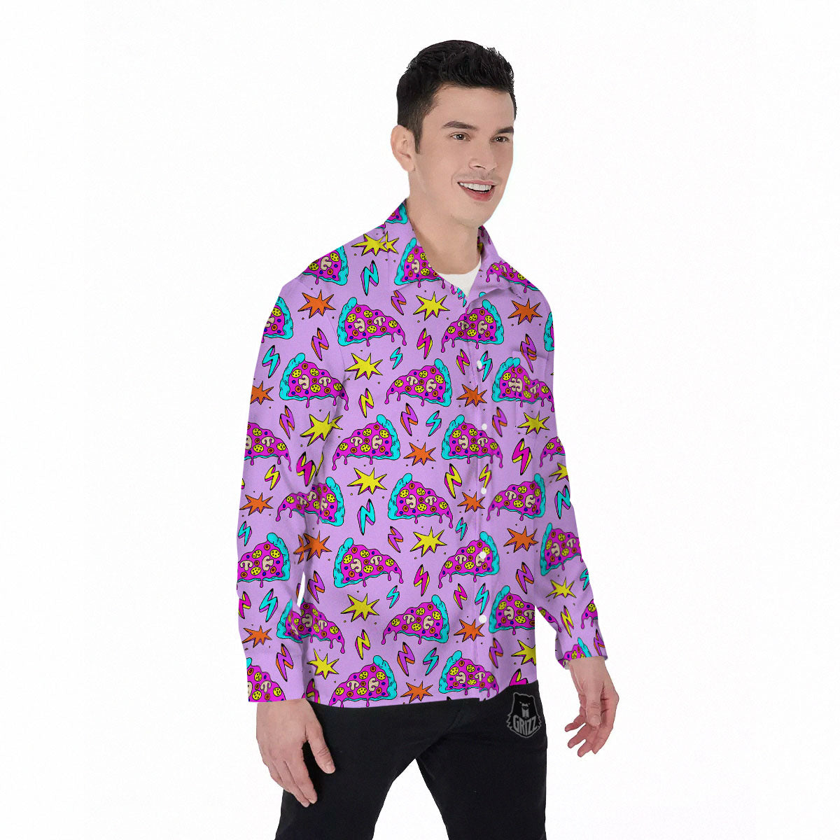 Pizza Psychedelic Print Pattern Men's Long Sleeve Shirts-grizzshop