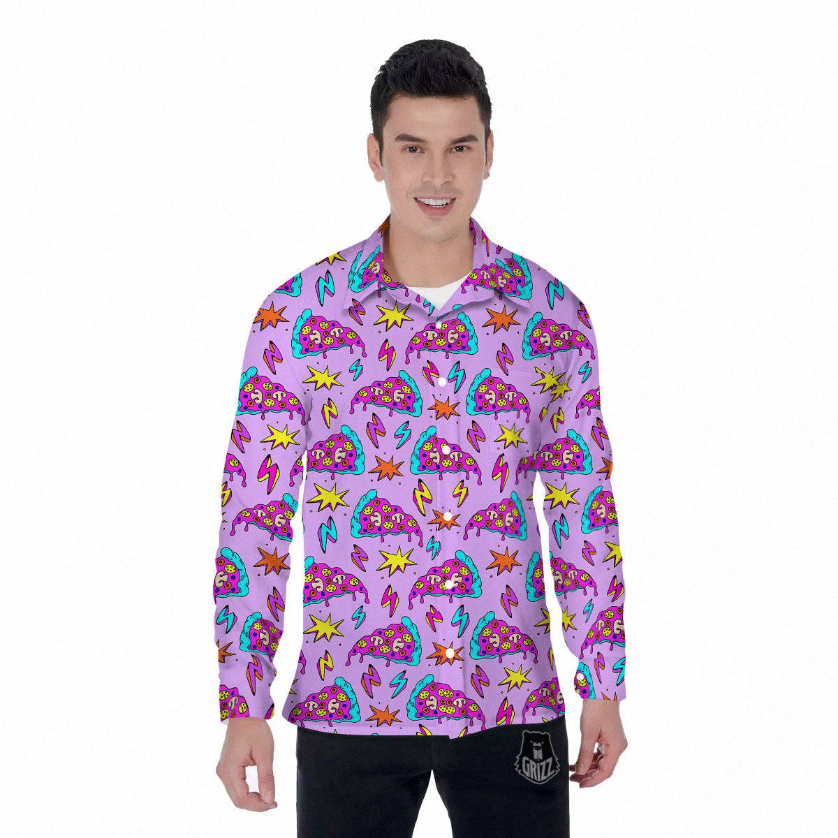 Pizza Psychedelic Print Pattern Men's Long Sleeve Shirts-grizzshop