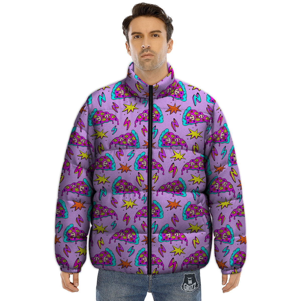 Pizza Psychedelic Print Pattern Puffer Jacket-grizzshop
