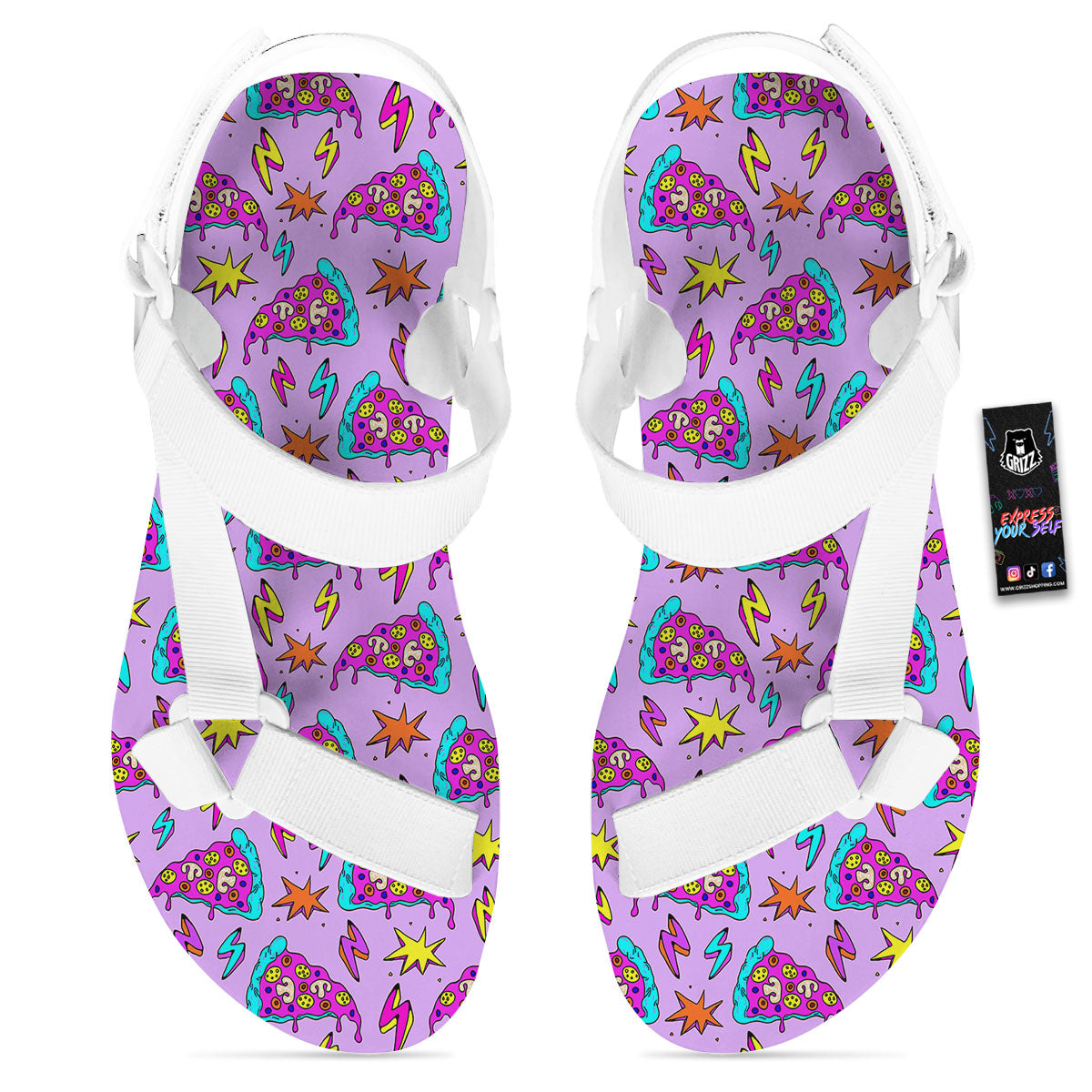 Pizza Psychedelic Print Pattern White Open Toe Sandals-grizzshop