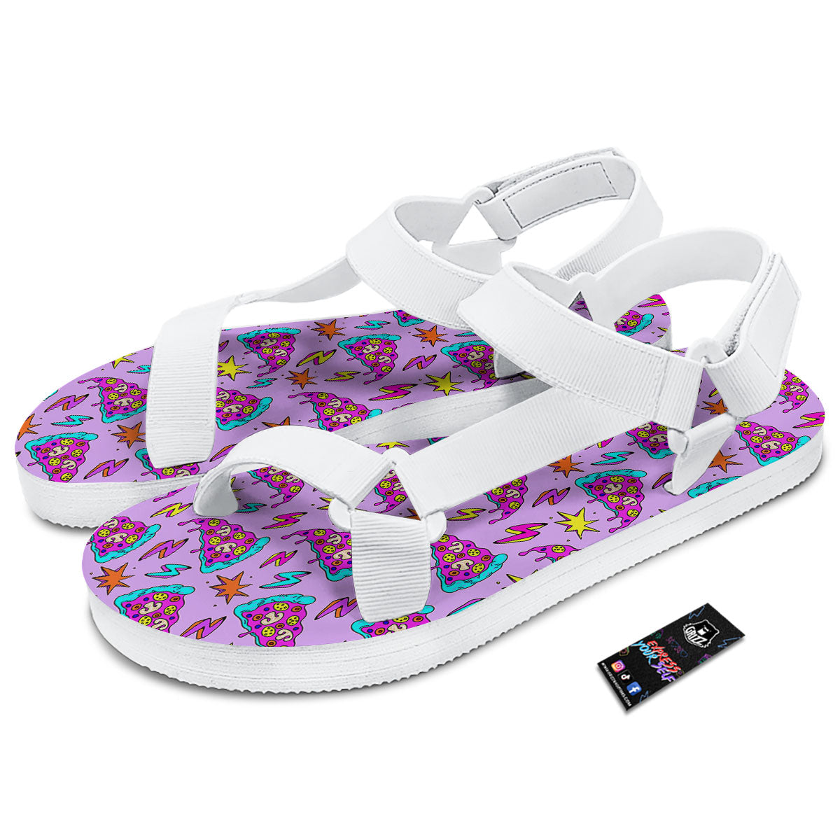 Pizza Psychedelic Print Pattern White Open Toe Sandals-grizzshop