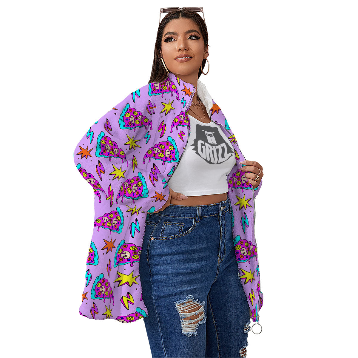 Pizza Psychedelic Print Pattern Women's Sherpa Jacket-grizzshop