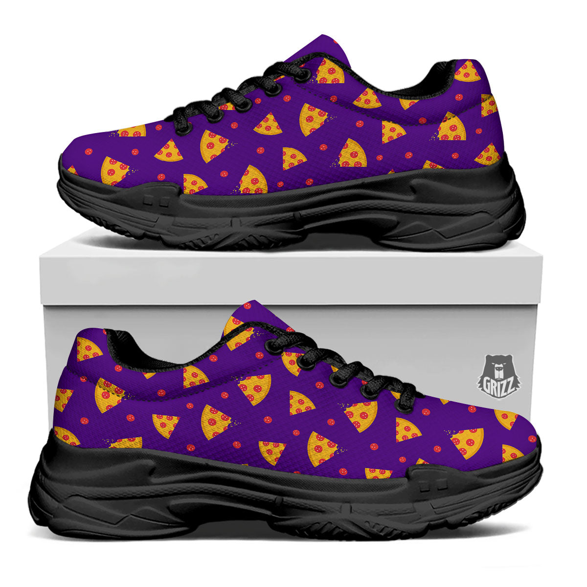 Pizza Purple Print Pattern Black Chunky Shoes-grizzshop