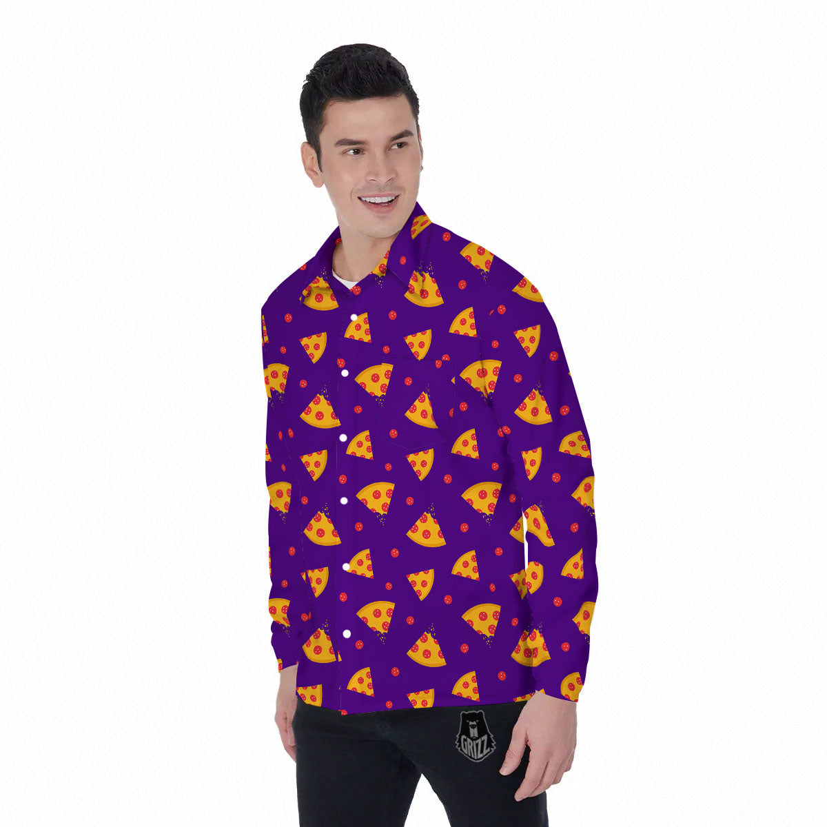 Pizza Purple Print Pattern Men's Long Sleeve Shirts-grizzshop