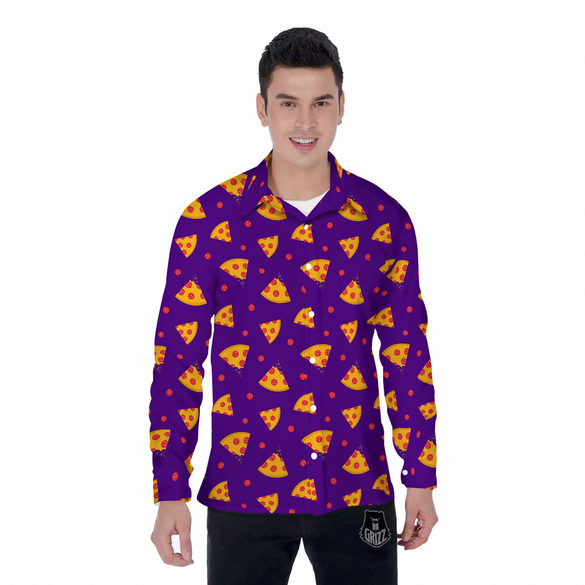 Pizza Purple Print Pattern Men's Long Sleeve Shirts-grizzshop