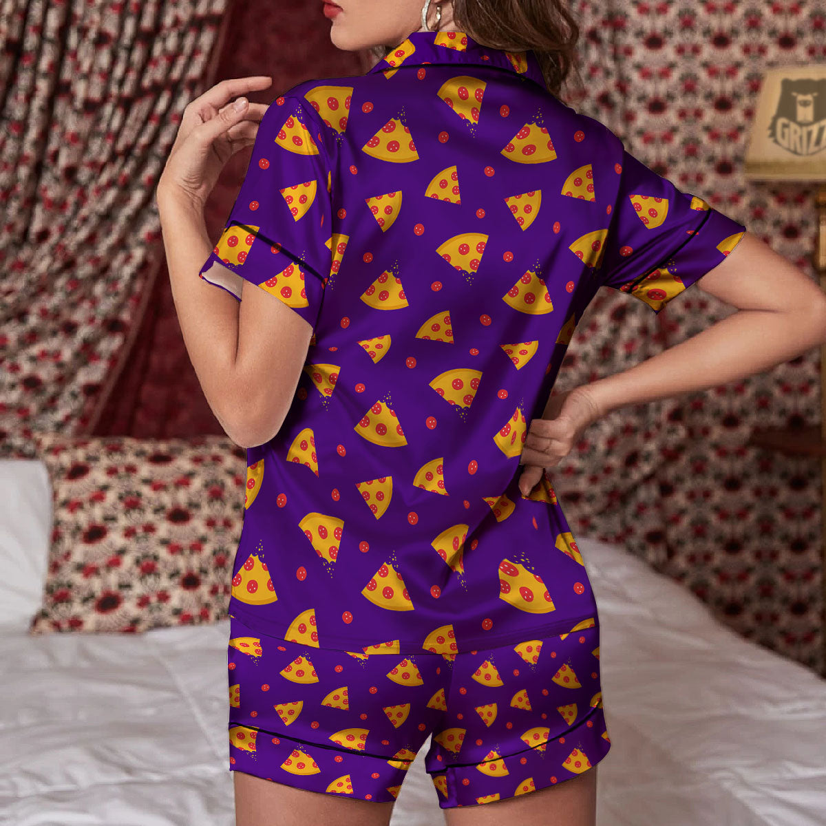 Pizza Purple Print Pattern Women Silk Pajamas-grizzshop