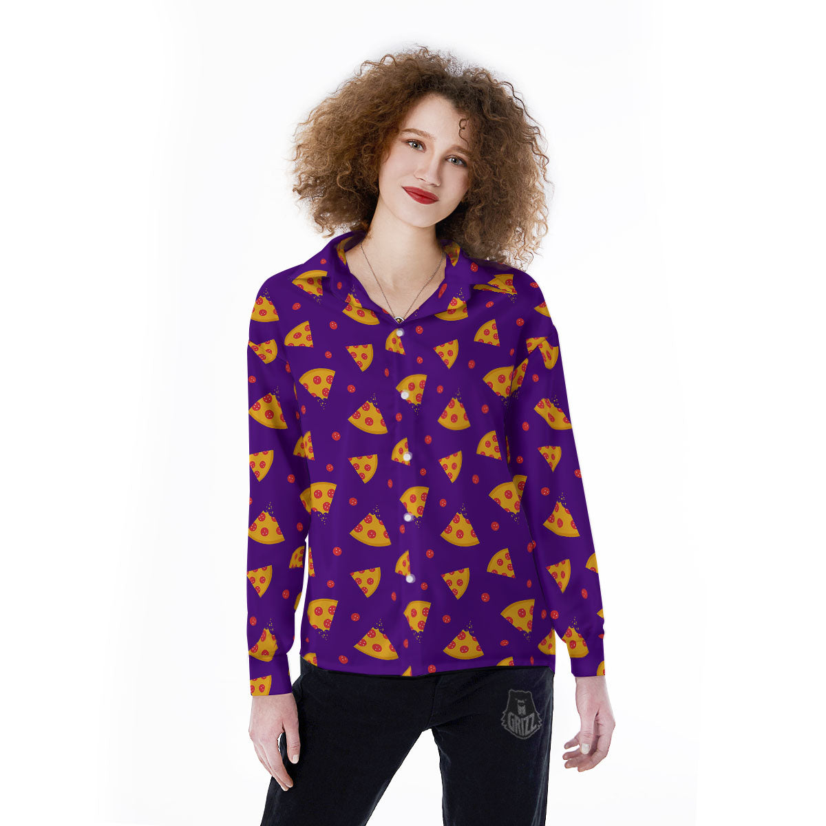 Pizza Purple Print Pattern Women's Long Sleeve Shirts-grizzshop