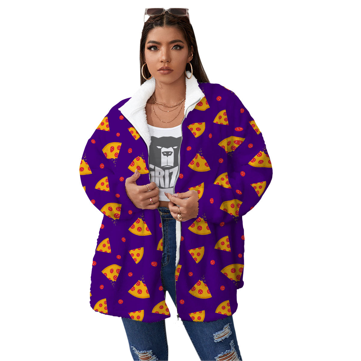 Pizza Purple Print Pattern Women's Sherpa Jacket-grizzshop