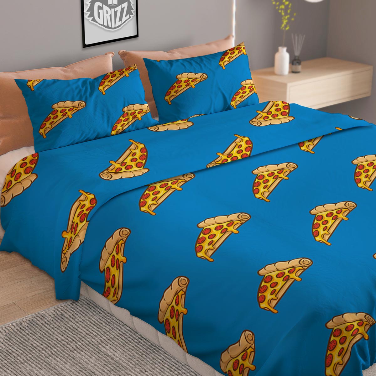 Pizza Teal Print Pattern Duvet Cover Bedding Set