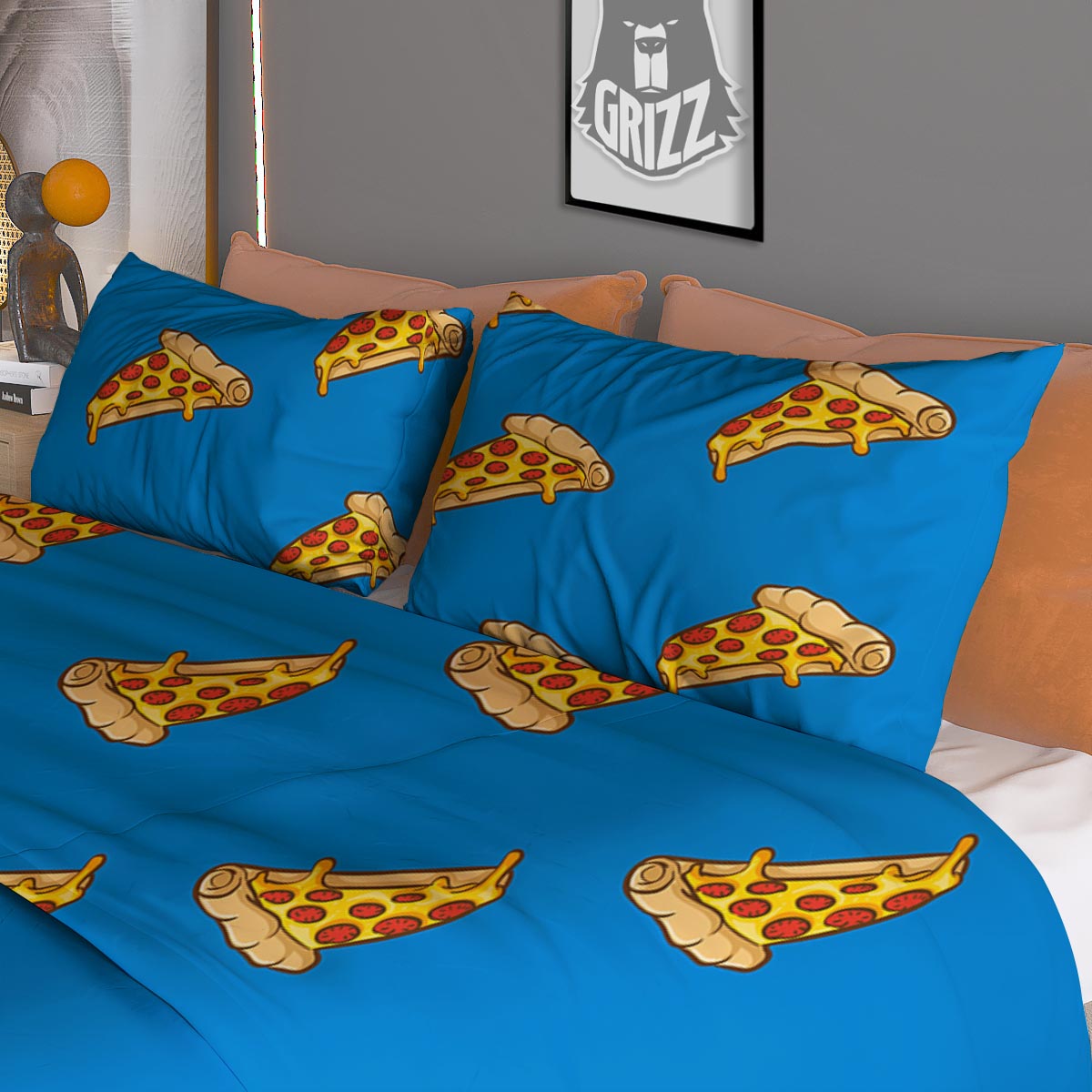Pizza Teal Print Pattern Duvet Cover Bedding Set