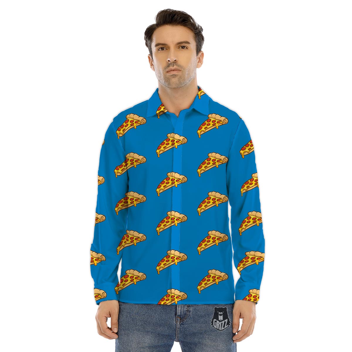 Pizza Teal Print Pattern Men's Dress Shirts-grizzshop