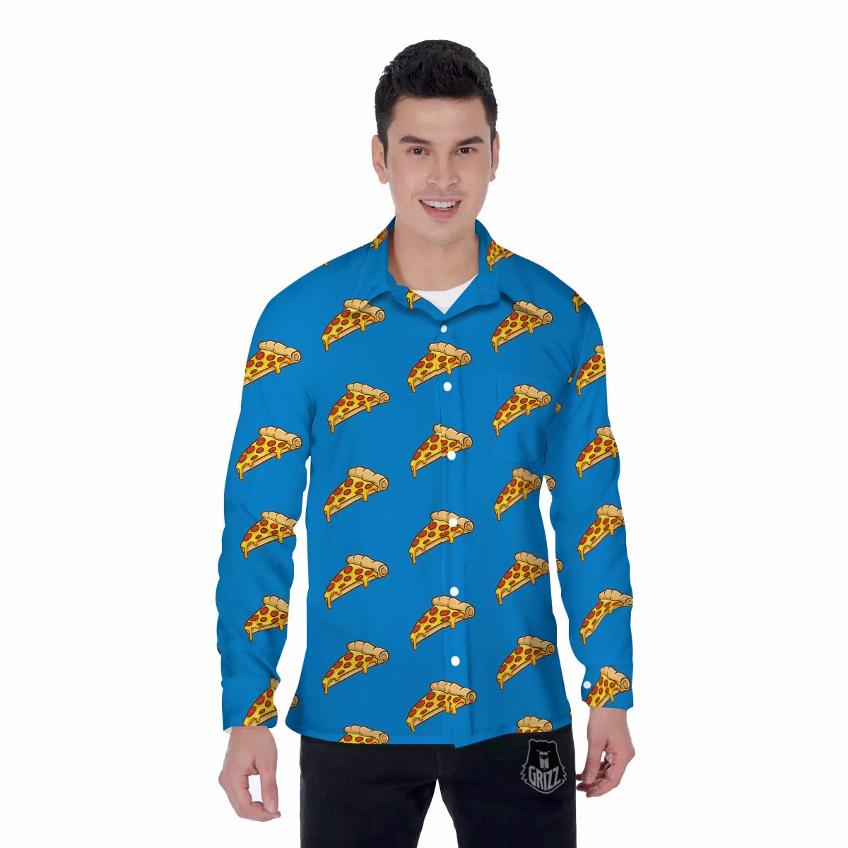 Pizza Teal Print Pattern Men's Long Sleeve Shirts-grizzshop