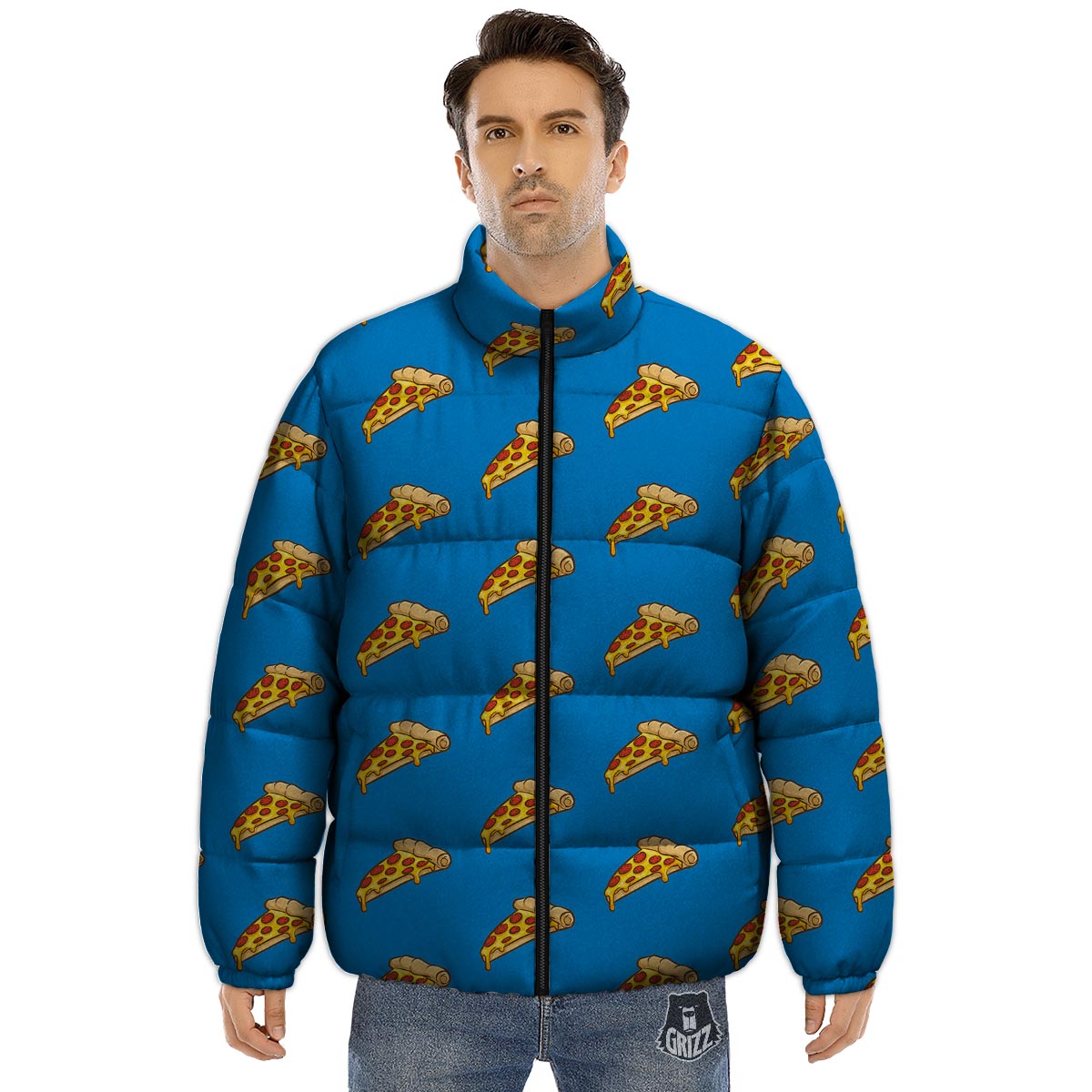 Pizza Teal Print Pattern Puffer Jacket-grizzshop