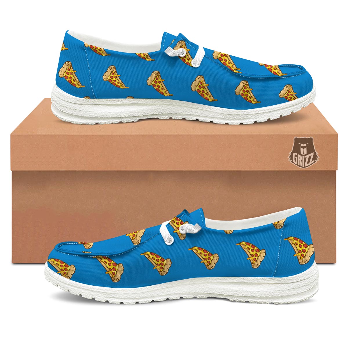 Pizza Teal Print Pattern White Loafers-grizzshop