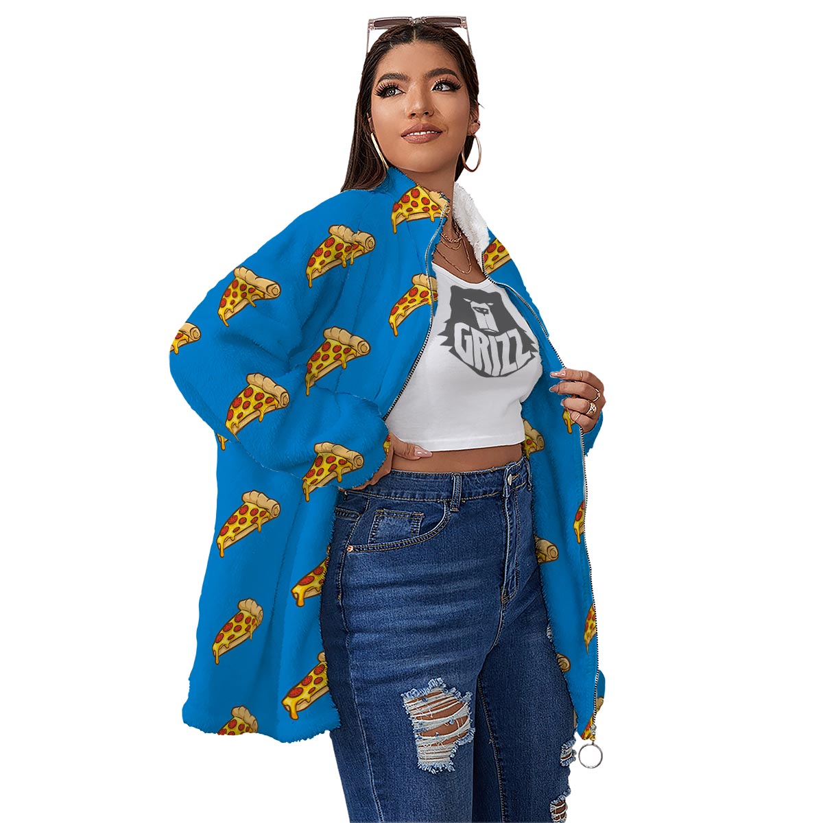 Pizza Teal Print Pattern Women's Sherpa Jacket-grizzshop