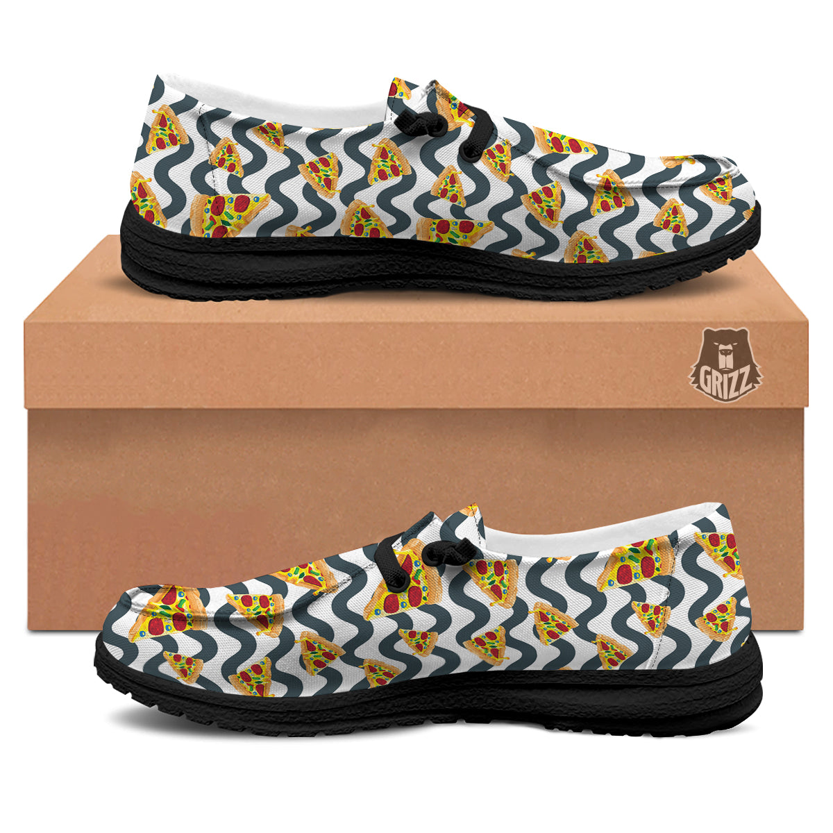 Pizza Zigzag Print Pattern Black Loafers-grizzshop