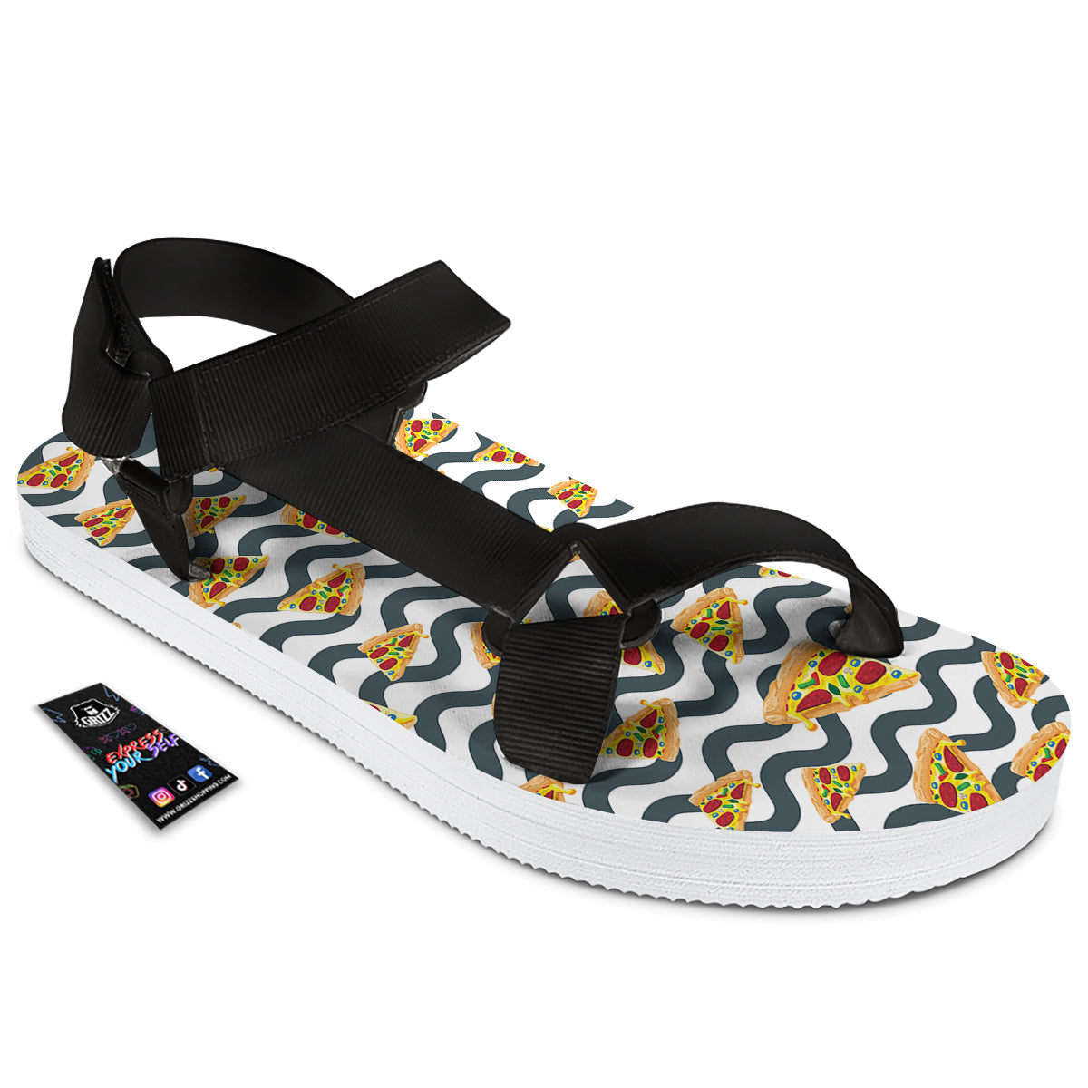 Pizza Zigzag Print Pattern Black Open Toe Sandals-grizzshop
