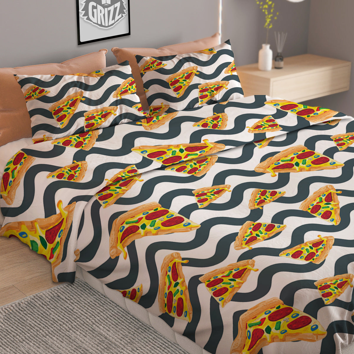 Pizza Zigzag Print Pattern Duvet Cover Bedding Set