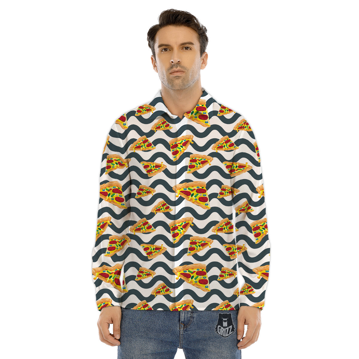 Pizza Zigzag Print Pattern Men's Dress Shirts-grizzshop