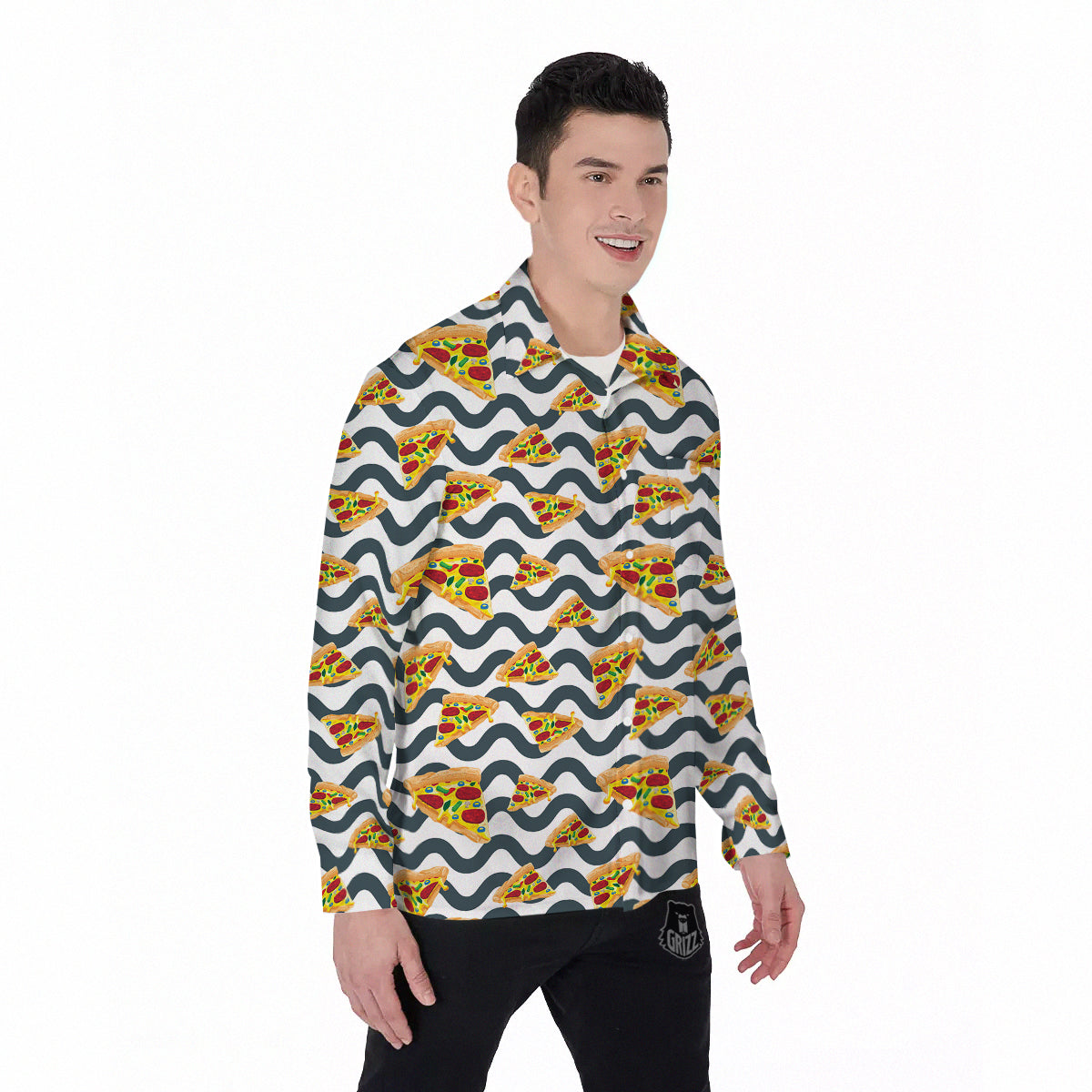 Pizza Zigzag Print Pattern Men's Long Sleeve Shirts-grizzshop