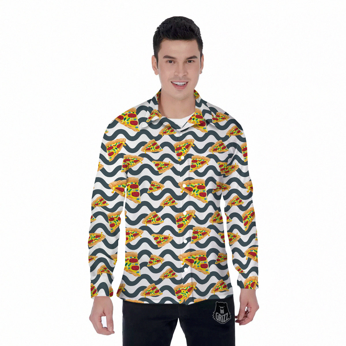 Pizza Zigzag Print Pattern Men's Long Sleeve Shirts-grizzshop