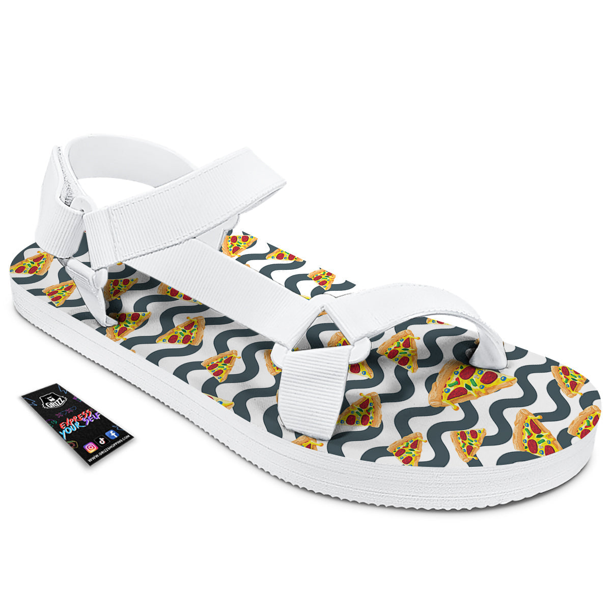 Pizza Zigzag Print Pattern White Open Toe Sandals-grizzshop
